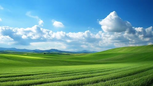 Sunlit green hills roll beneath a bright, cloud-filled sky.
