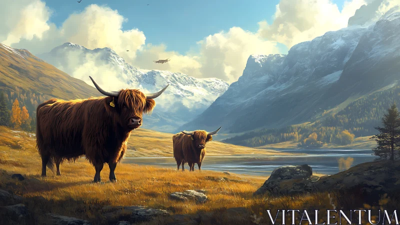 Shaggy highland guardians grazing beneath glacier-bright peaks.