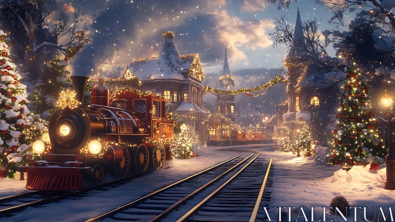 Steam locomotive crossing snowy Christmas village at dusk