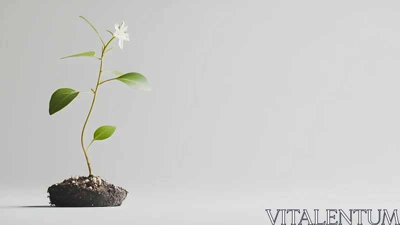 Young green plant with soil clump isolated on light background