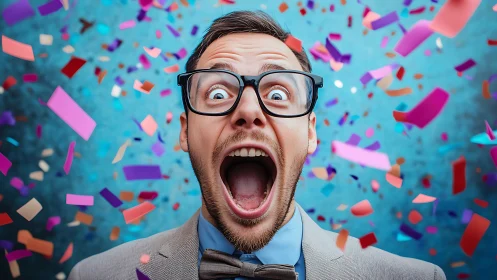 Ecstatic man in glasses amid vibrant falling confetti burst.
