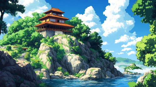 Hilltop wooden pavilion overlooks bright riverside cliffs