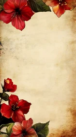 Vintage floral border with red hibiscus on aged paper background.