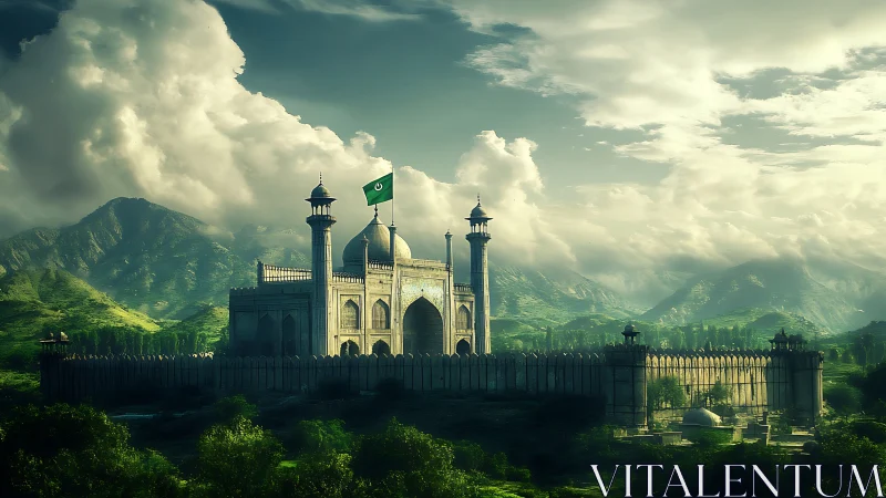 Mountain fortress mosque with national flag in green valley.