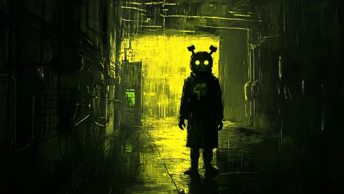 Robot figure in neon lit industrial corridor at night.