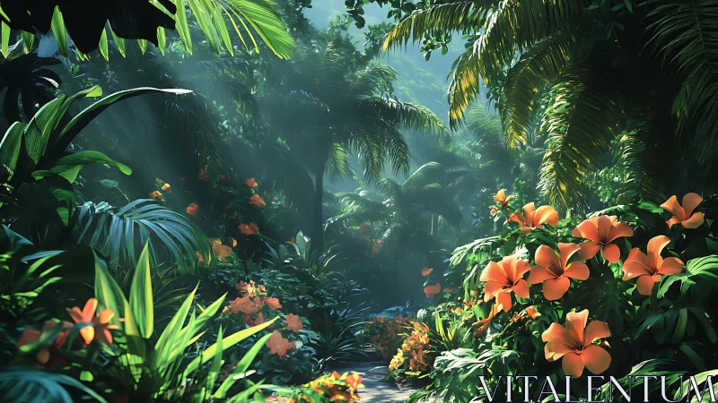 Lush tropical jungle path with orange hibiscus in dappled light