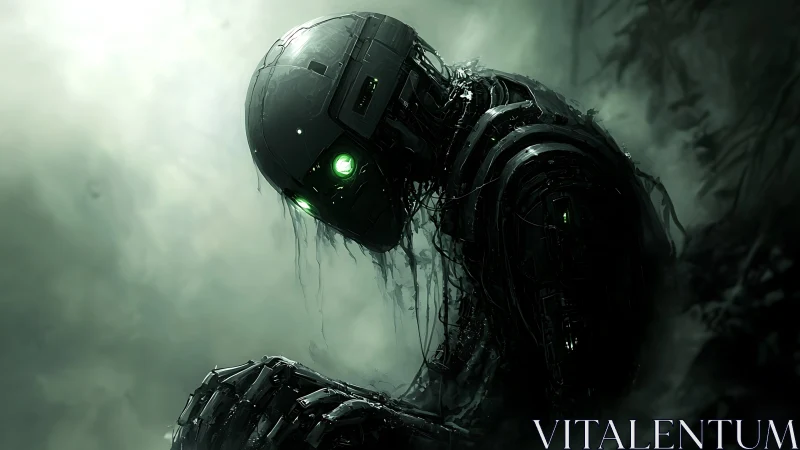 Cyberpunk biomechanical sentinel in decayed rainforest gloom.