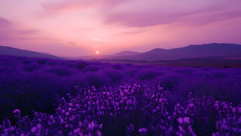 Lavender field extends toward distant hills at vivid sunset