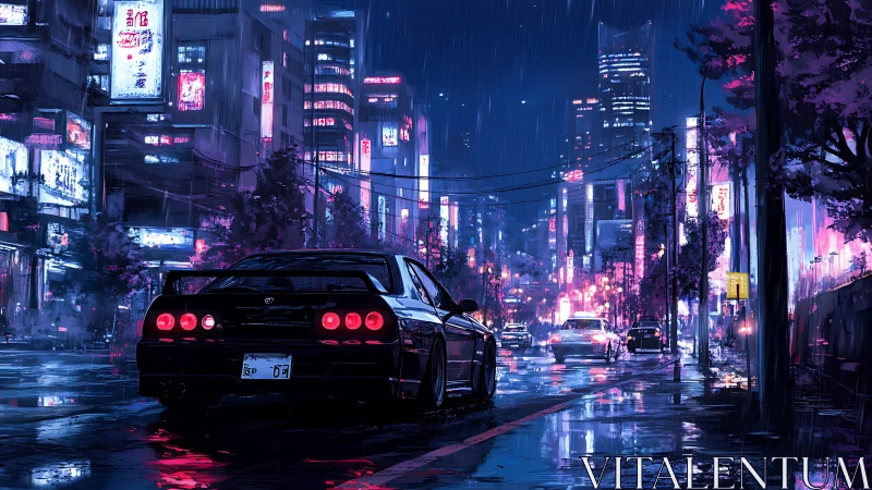 Nighttime street scene depicts rear view of parked sports car