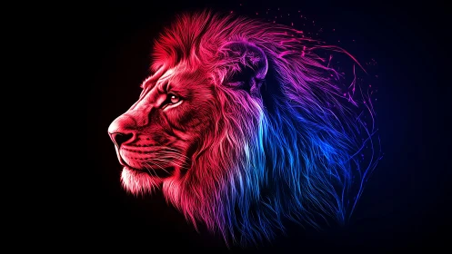 Neon lion profile glows in vivid pink and blue light