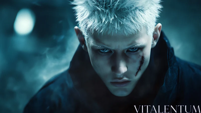 Brooding silver‑haired warrior in a cold blue haze.