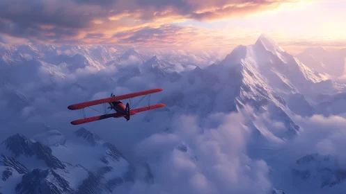 Red biplane flying above snowy mountains at sunrise.