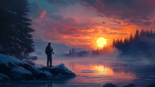 Solitary winter fisherman watches a blazing lake sunrise