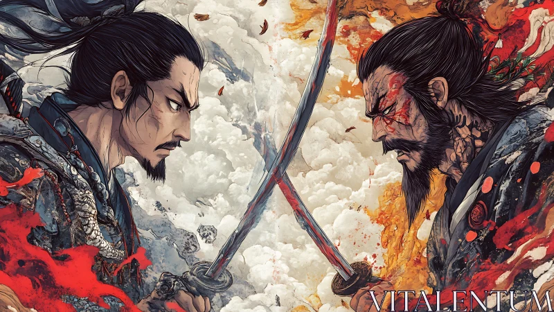 Rival samurai duel amid swirling smoke, fire, and blood.