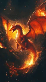 Fire dragon soars through burning storm with blazing wings