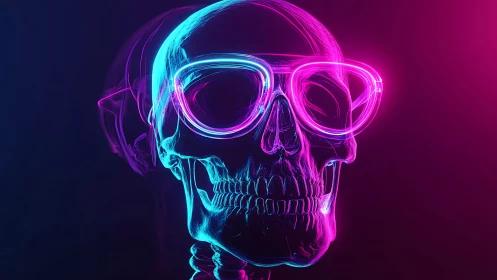 Neon-lit transparent skull wearing glowing cyber glasses.