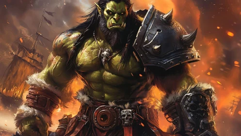 Orc warlord strides through burning battlefield in armor.