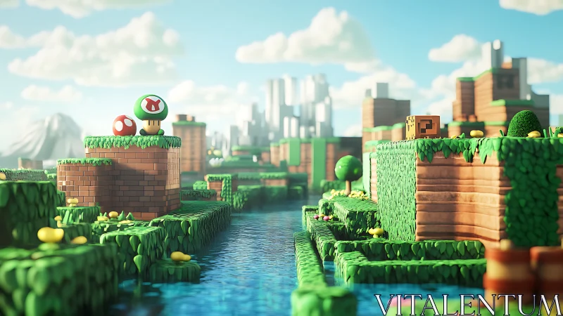 Playful blocky river world glowing in gentle sunshine.