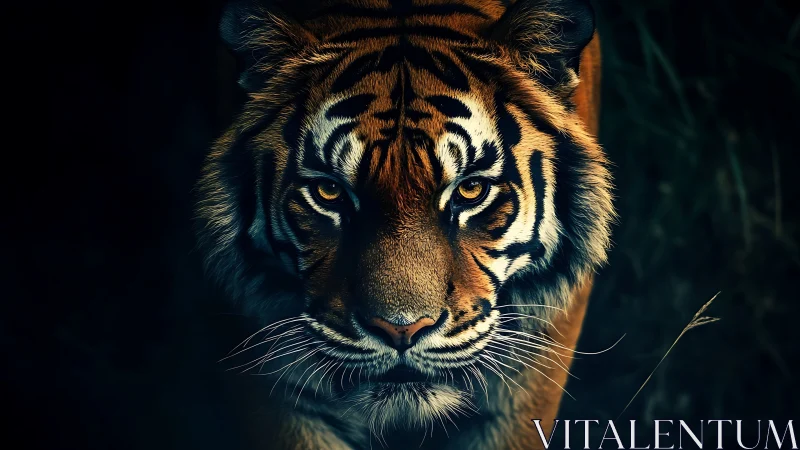 Staring tiger portrait in dramatic low key wilderness lighting.