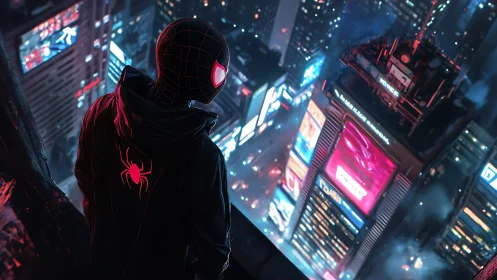 Spider-suited vigilante overlooks neon-soaked city skyline.
