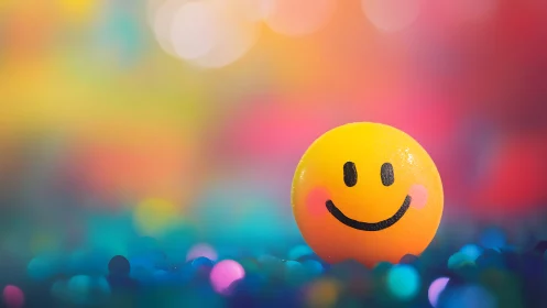 Smiley sphere basking in rainbow confetti daydreams.