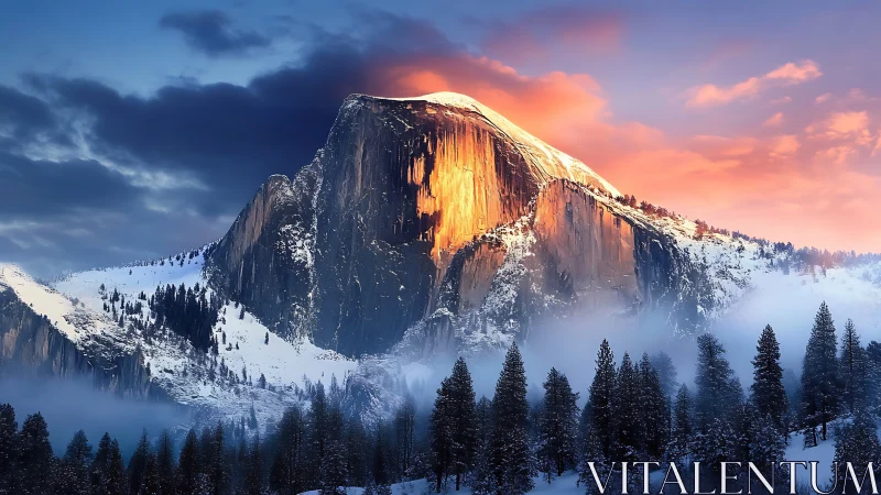 Iridescent alpine monolith under stratified sunset illumination.