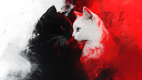 Black and White Cats Face Off in Ethereal Red Mist.
