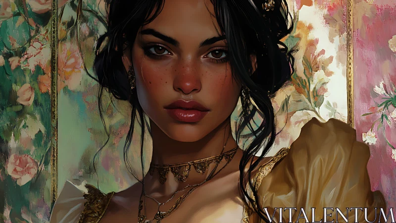 Digital portrait of woman in gold dress before florals.