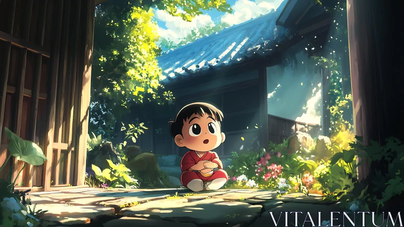 Child in red kimono under dappled sunlight in rustic garden courtyard