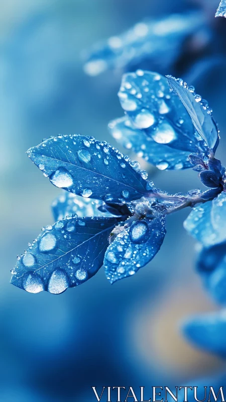 Raindrop spell on sapphire leaves in tranquil blue hush.