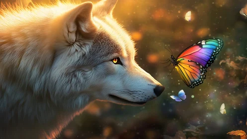 Luminous wolf daydreams with a prism-winged butterfly visitor.