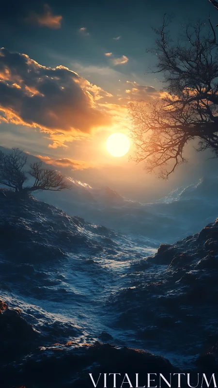 Sunset over frozen valley beneath stark winter trees.