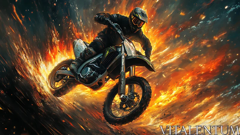 Motocross rider carving through explosive fire vortex.