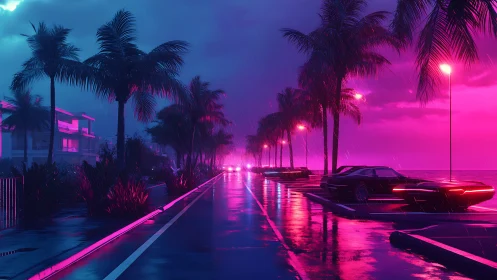 Neon storm lights soak a retro coastal boulevard in rain