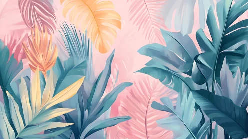 Tropical foliage illustration fills frame with pastel gradients