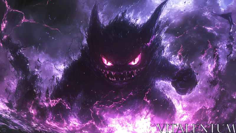 Mischievous purple spirit surging from swirling neon shadows.