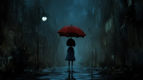 Digital painting alley scene with red umbrella focal point.