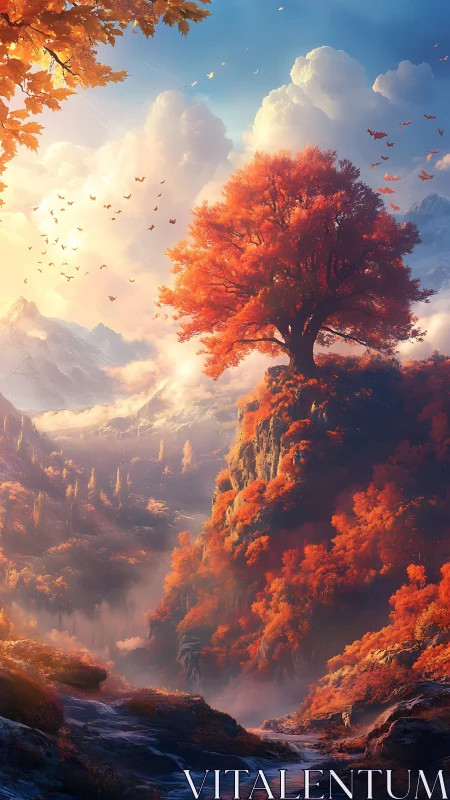 Crimson autumn tree crowns misty mountain valley vista.