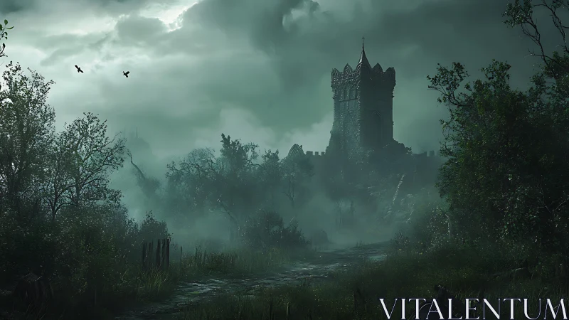 Stone fortress tower rises over misty forest path at dusk
