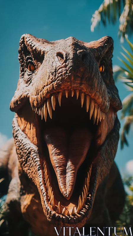 Sunlit T rex roar fills the frame with prehistoric fury.