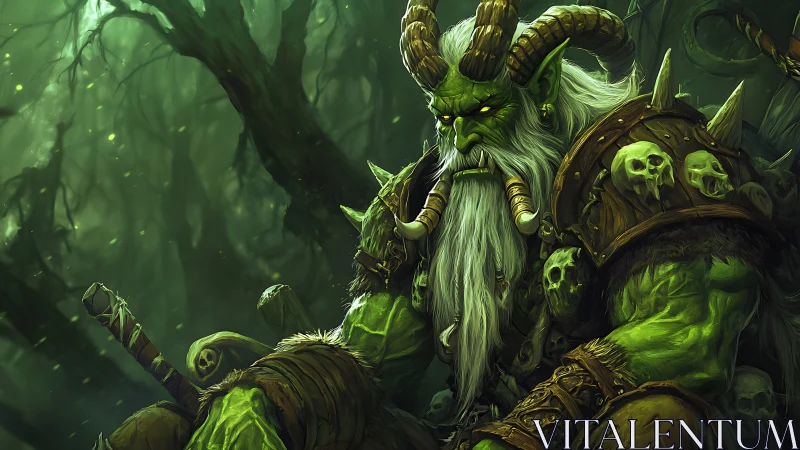 Horned green orc warlord sits in a dark skull-covered forest