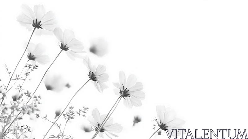 Delicate cosmos flowers drift in monochromatic soft focus.