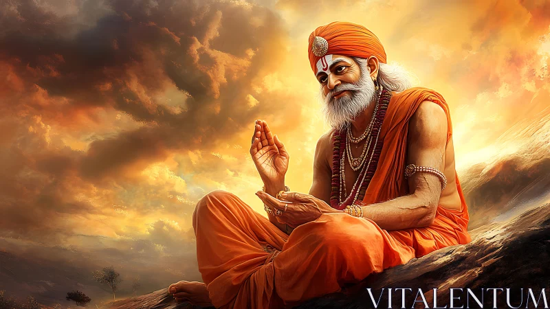 Seated elder in orange robes gestures against illuminated sky