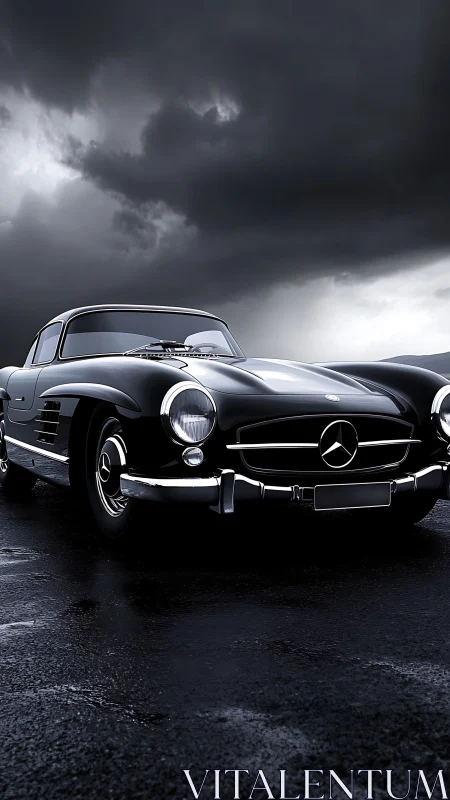 Classic black Mercedes coupe under stormy sky on asphalt.