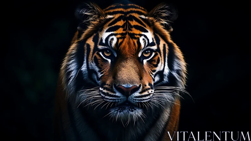 Majestic tiger stares through darkness in dramatic contrast