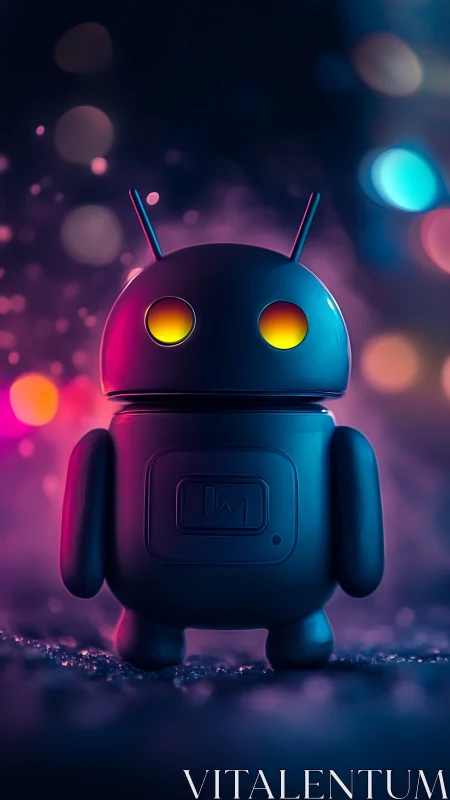 Neon-eyed toy robot quietly guards a dreamy bokeh cosmos