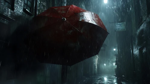 Red umbrella suspended in rain-soaked midnight alleyway.