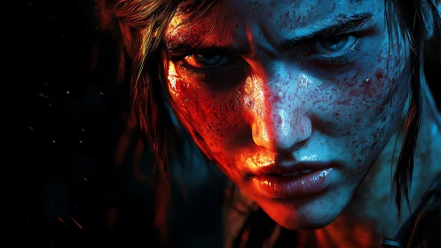 Fierce freckled warrior face in intense blue red light.