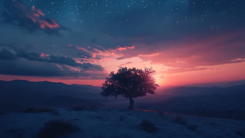Solitary tree under vivid twilight sky at sunset.