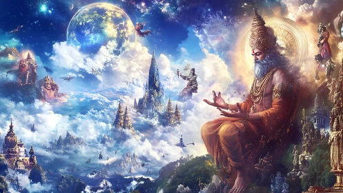 Cosmic deity in meditative pose anchors layered celestial megastructures